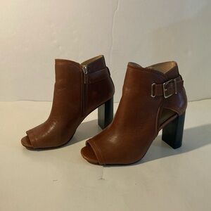 Brown Leather Peep-Toe Ankle Boots